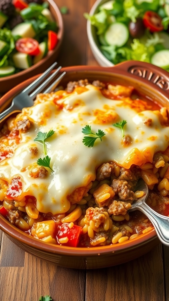 French onion ground beef and rice casserole with melted cheese and parsley garnish.